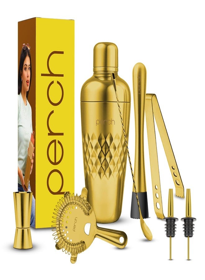 طقم بار فاخر من الفولاذ المقاوم للصدأ من O' Holic by Perch Craft، مكون من 7 قطع | طقم خلط كوكتيل فاخر مع مكيال 30/60 مل، ملعقة، صبّابة، ملقط ثلج، وأدوات بار | طقم بار احترافي للمنزل والحفلات السياحية | ذهبي